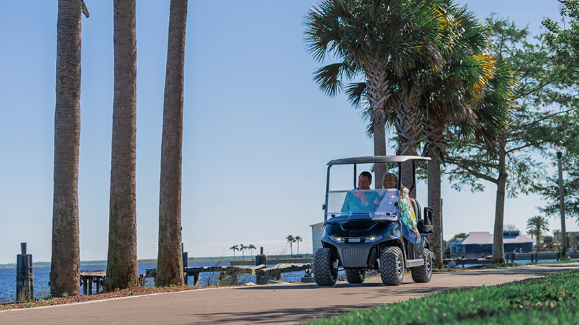 An E-Z-GO driving down a street with palm trees and ocean in view.