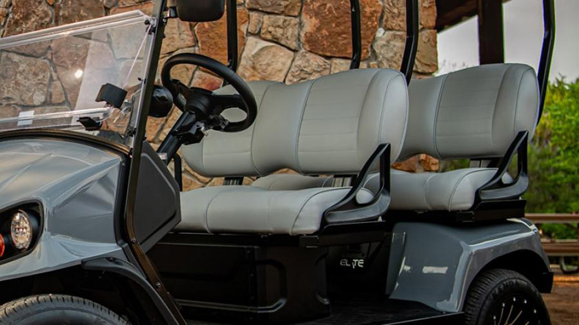 A close up image of the E-Z-GO Liberty vehicle's four forward-facing seats.