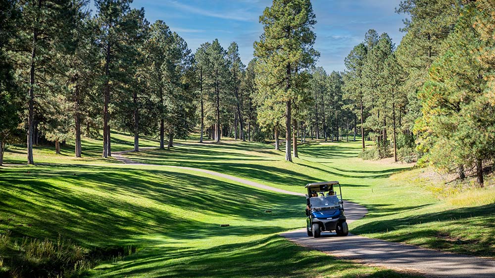 An E-Z-GO golf cart driving down a path.