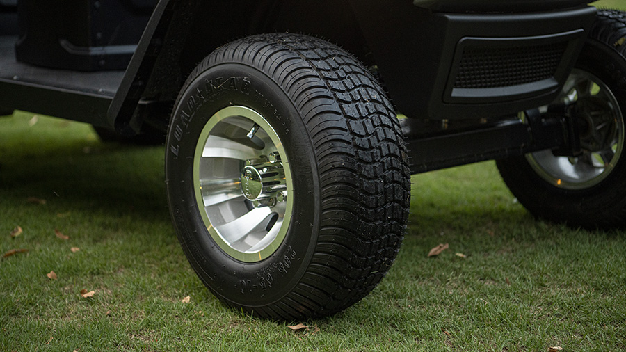 A closeup of E-Z-GO Loadstar tires.