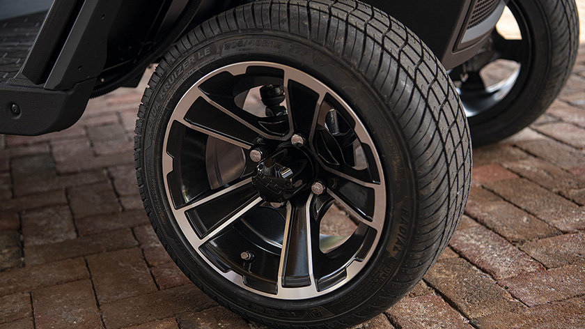 A close-up view of the premium tire options you can choose for you Express S2 golf cart.