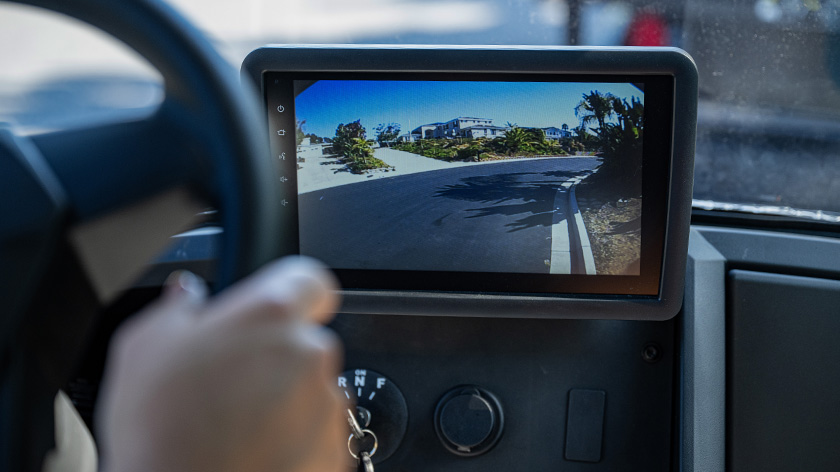 Close up of 10" ECOXGEAR Touchscreen showing backup camera on dash