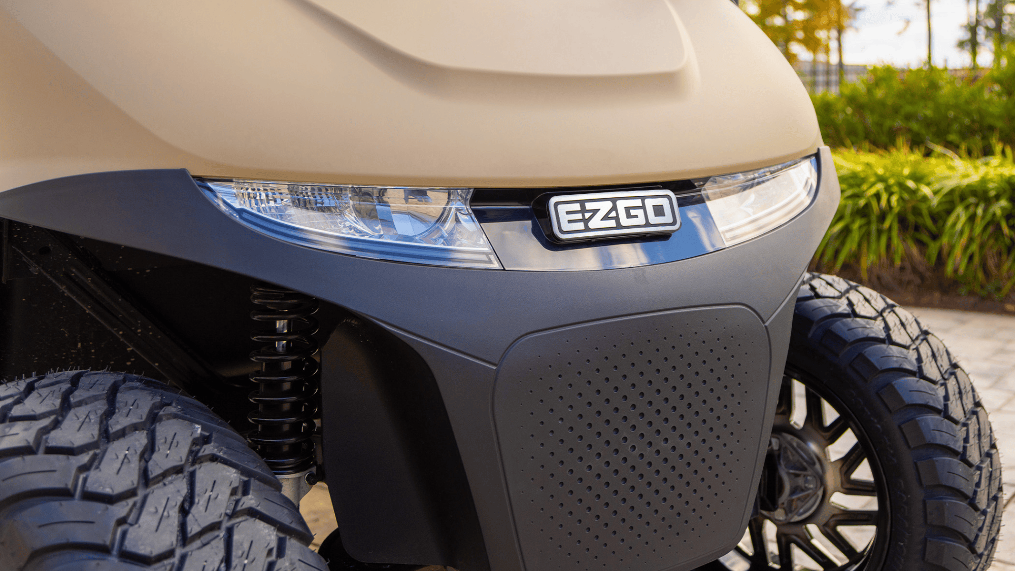 E-Z-GO special edition RXV 4 dune electric golf cart with technology and luxury seats.