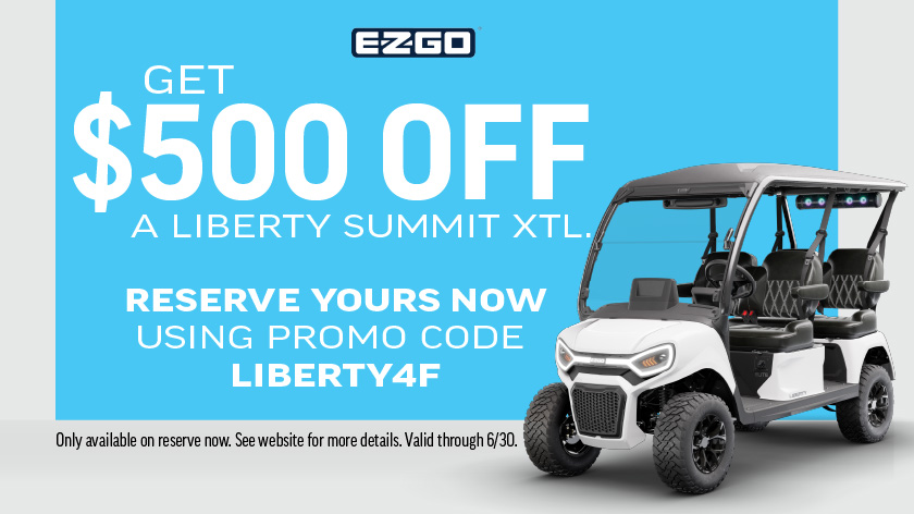 E-Z-GO four forward-facing Liberty 4F Reserve Now Promotion