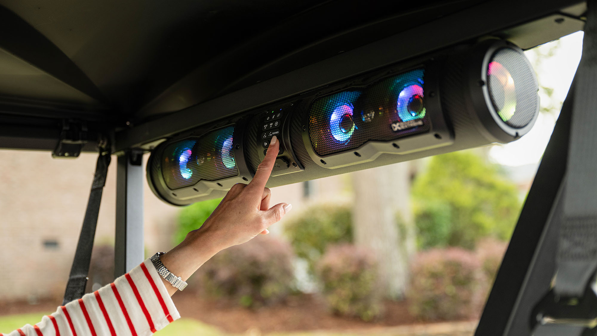 E-Z-GO ECOXGEAR soundbar on an E-Z-GO golf cart