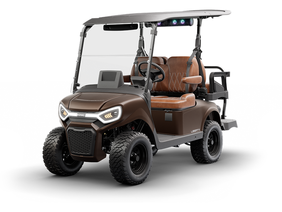 The E-Z-GO Liberty 4 is a four-passenger golf or electric golf cart with two-forward and two-rear facing seats