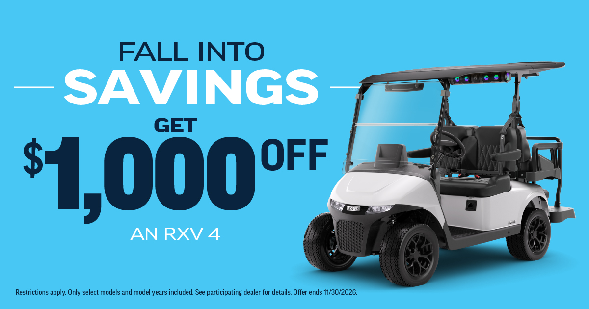 Fall into savings with up to $1,000 off select E‑Z‑GO golf carts. Visit your local dealer today and ride the most reliable vehicle on the market.