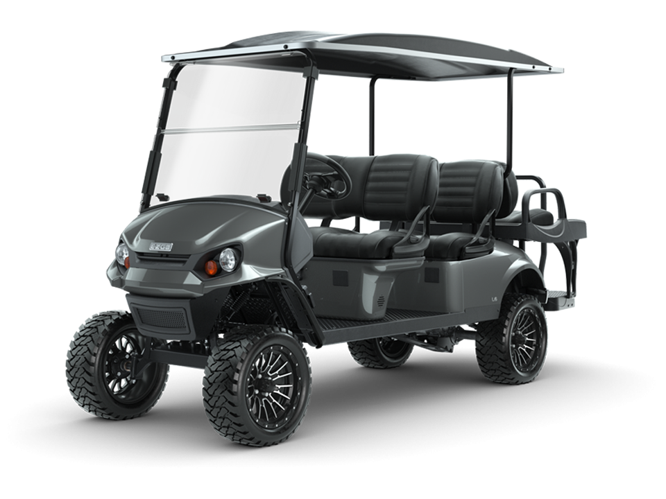 New EZGO Express L6 Metallic Charcoal Electric or Gas Golf Cart with Premium Black Seats for Sale Near Me