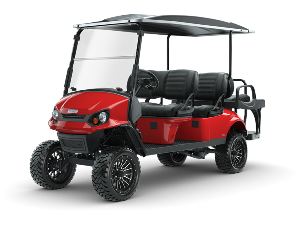 New EZGO Express L6 Flame Red Electric or Gas Golf Cart with Premium Black Seats for Sale Near Me