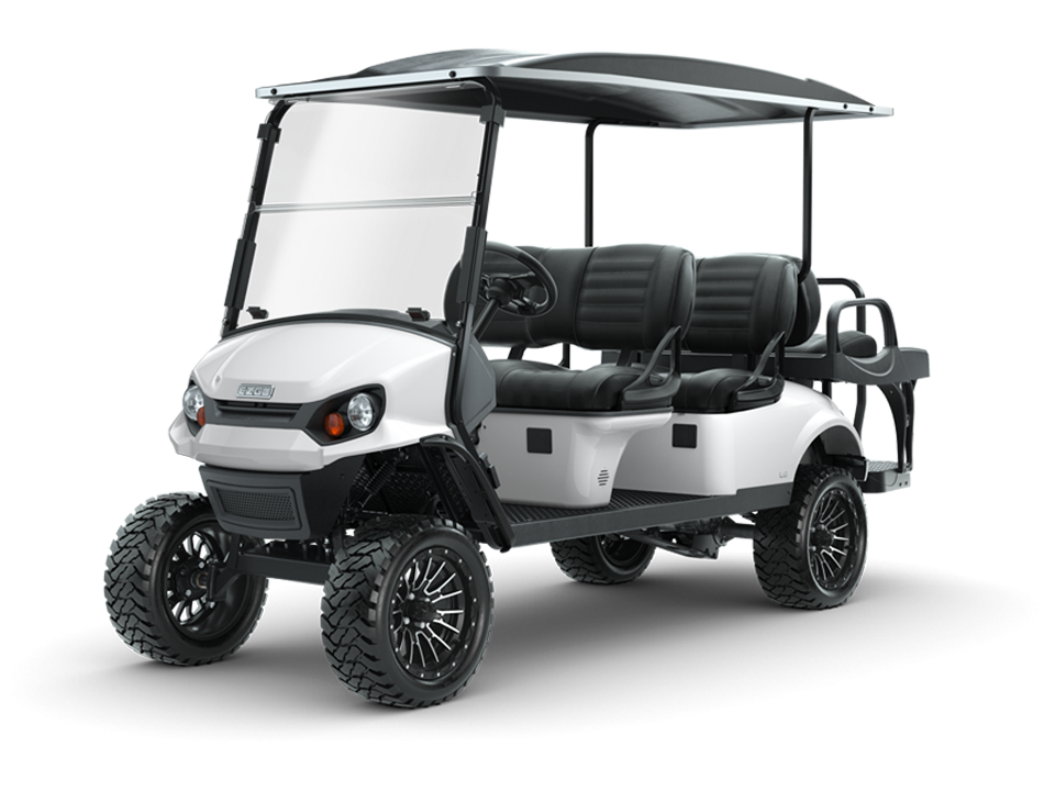 New EZGO Express L6 Bright White Electric or Gas Golf Cart with Premium Black Seats for Sale Near Me