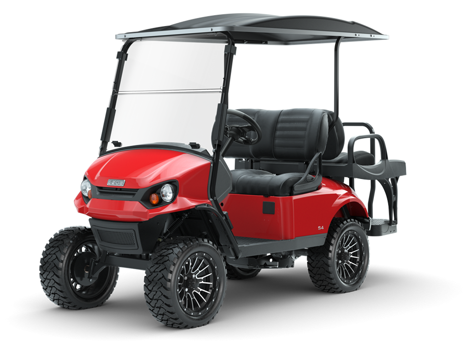 New EZGO Express S4 Flame Red Electric or Gas Golf Cart with Premium Black Seats for Sale Near Me