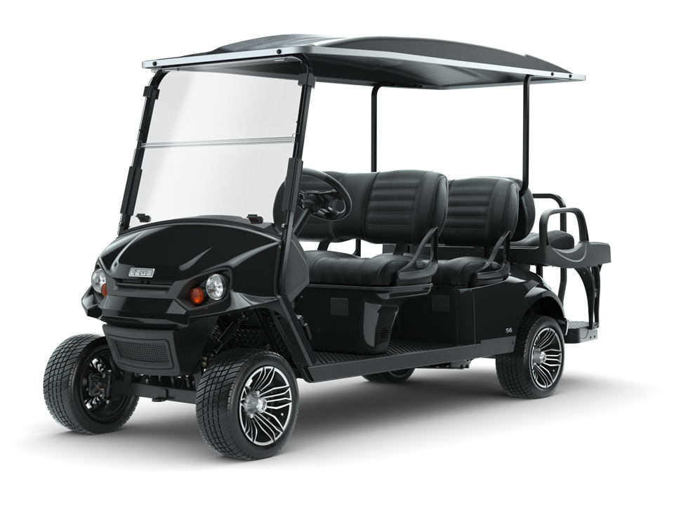 EZGO S6 Black electric with golf cart steering wheel accessory