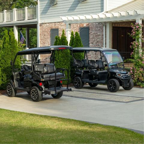 E-Z-GO Liberty 4 with 2 forward, 2 backward seats electric or gas golf cart and Liberty 4F with four-forward facing seats