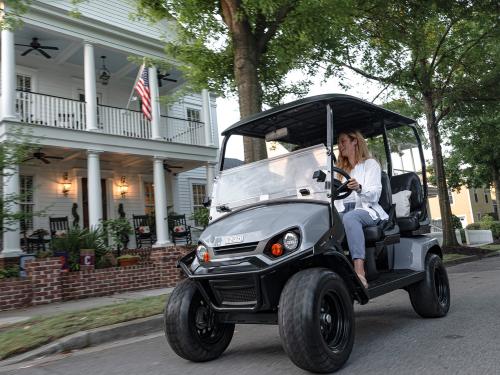 Liberty riding through a neighborhood