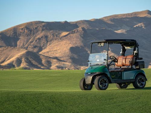 E-Z-GO golf cart on a golf course with a Pace Onyx Ultra Wide screen with green grass and dessert mountains in the back.